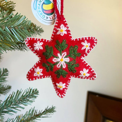 Red Six Pointed Star Embroidered Wool Christmas Ornament