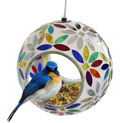 Rainbow Daisies Mosaic Fly-Through Hanging Bird Feeder