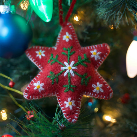 Red Six Pointed Star Embroidered Wool Christmas Ornament