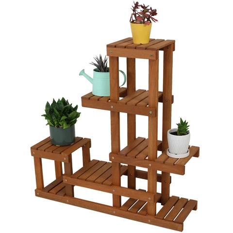 Meranti Wood Multi-Tiered Plant Stand with Teak Finish