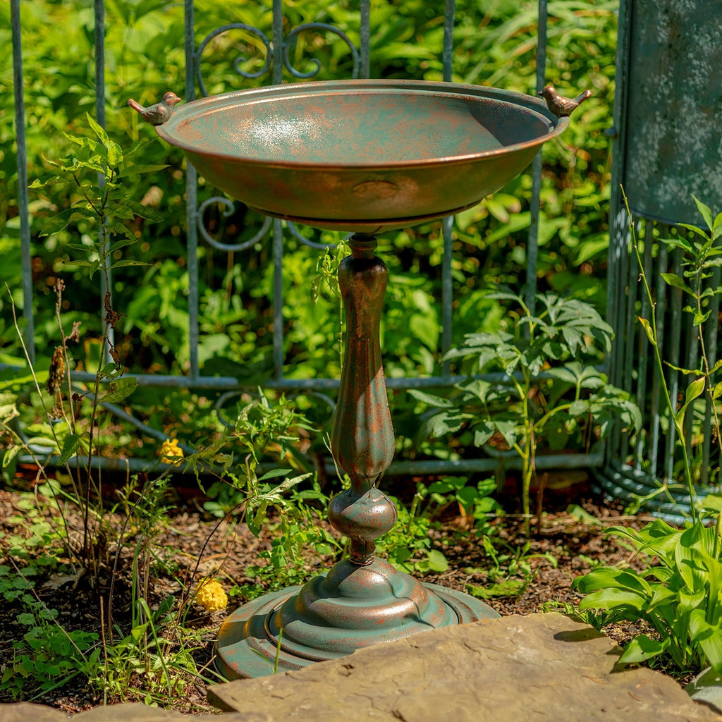 Round Pedestal Birdbath with Bird Details