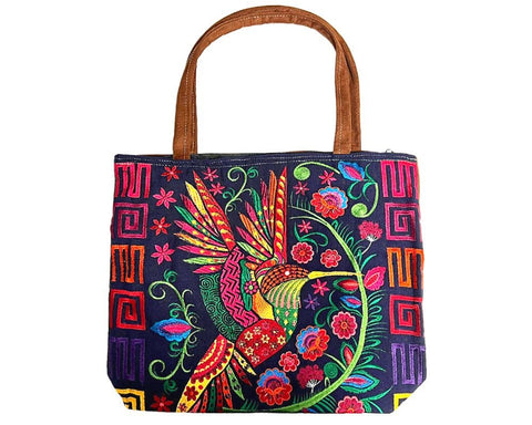 Hummingbird Embroidered Tote with Vegan Leather