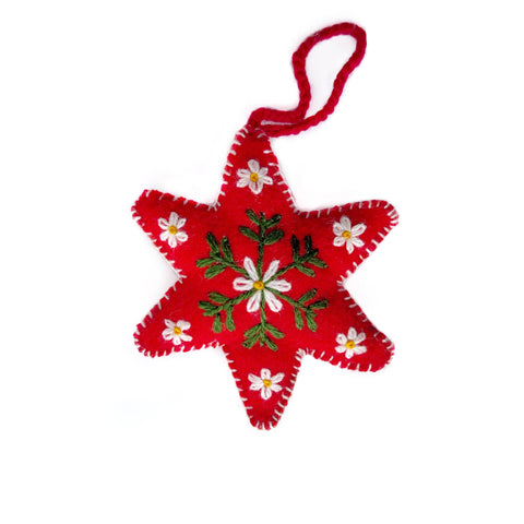 Red Six Pointed Star Embroidered Wool Christmas Ornament