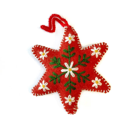 Red Six Pointed Star Embroidered Wool Christmas Ornament