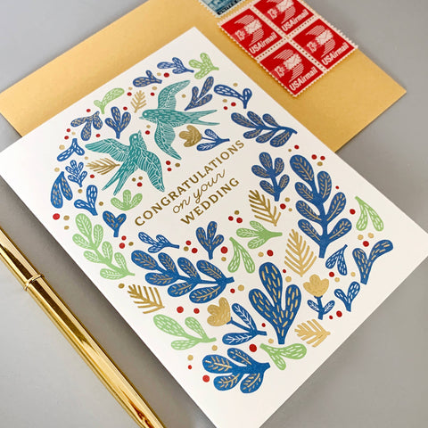 Bird Wedding Congratulations Card with Gold Foil