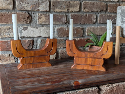 Vintage MCM 2 Tier Wooden Candlestick Holders - Set