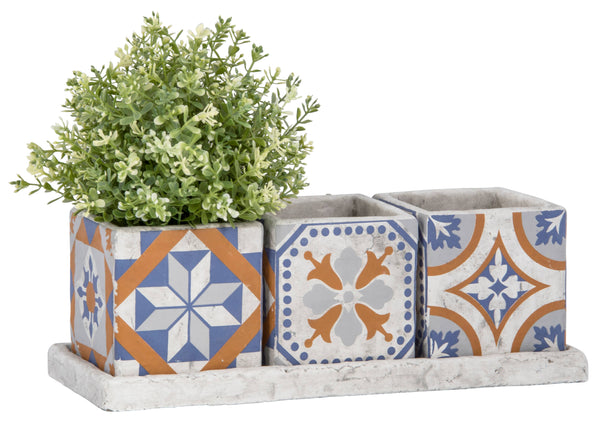 Portuguese Tile Set of 3 Flower Pots on Tray